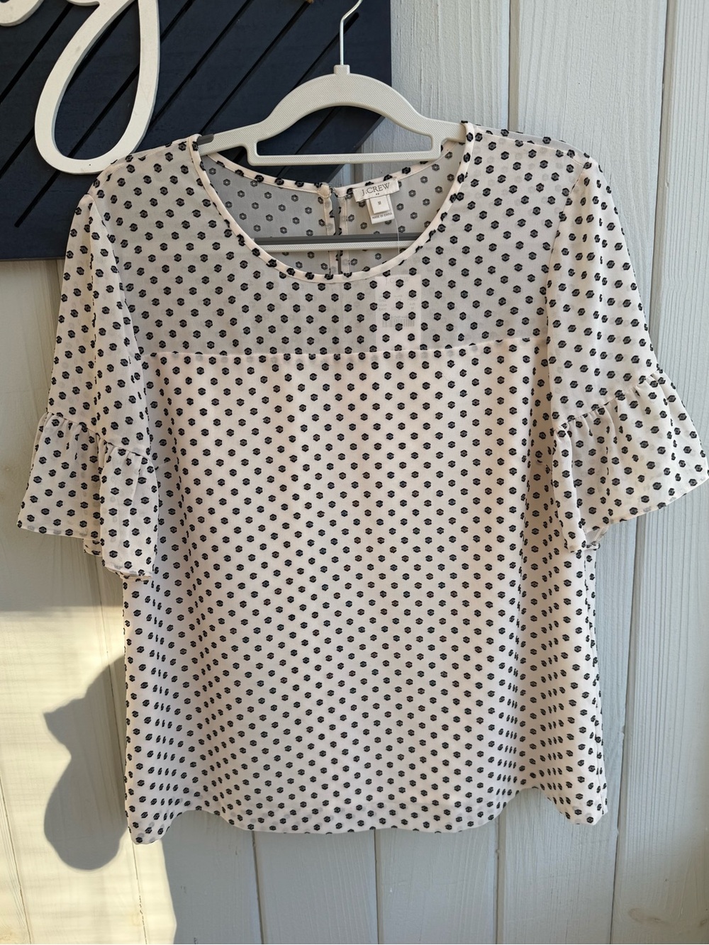 NWT J. Crew Beige Top with Black Polka Dots and Flutter Sleeves